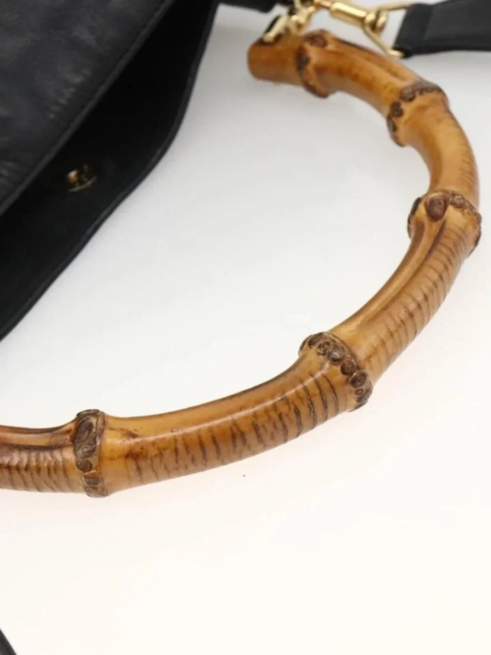 GUCCI Bamboo Hand Bag Leather 2way Black Gold Auth bs34287